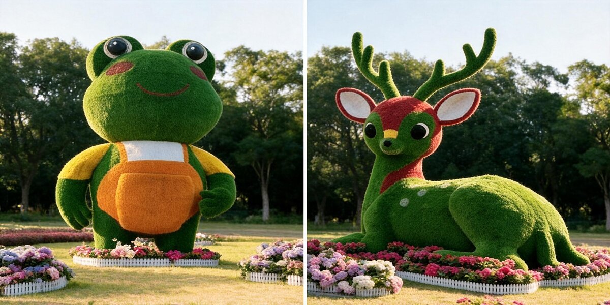 Cartoon frog and deer artificial grass sculpture, outdoor park landscape decoration