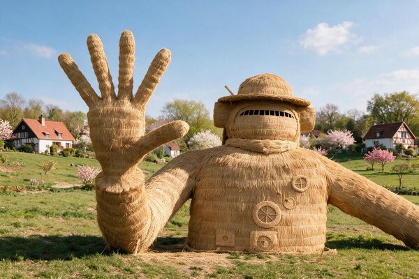 Huge robot themed straw sculpture, giant outdoor straw art installation for festival and park landmark decoration