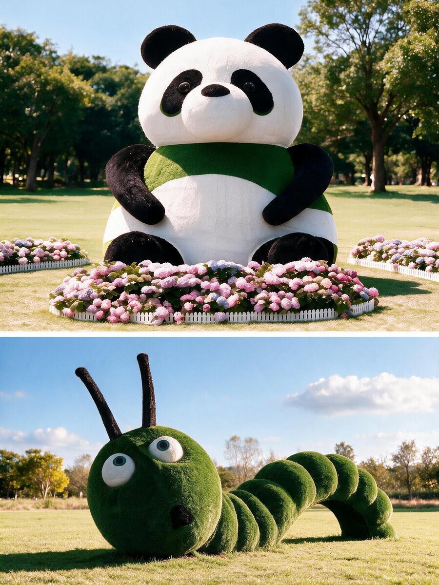 Panda and caterpillar animal green topiary sculpture, outdoor park garden landscape decoration
