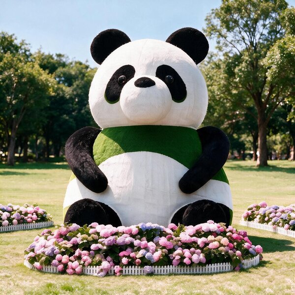 Giant panda simulation green sculpture, animal‑shaped plant art for scenic park