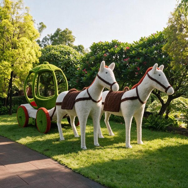Horses simulation green sculpture, outdoor large‑scale plant art decoration