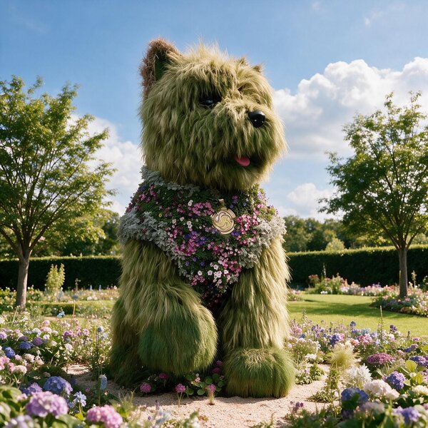 Large dog simulation green sculpture, animal‑shaped plant art for outdoor display