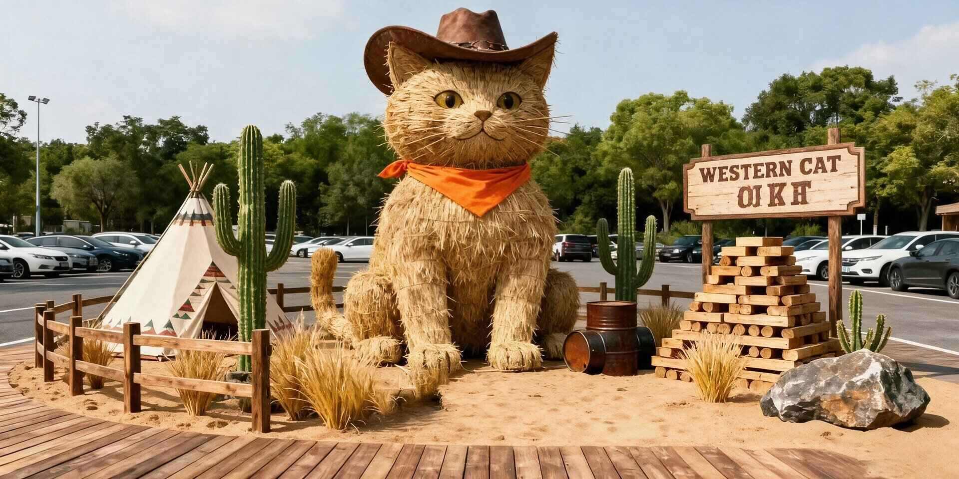 Giant cowboy hat straw sculpture, western theme large straw art installation