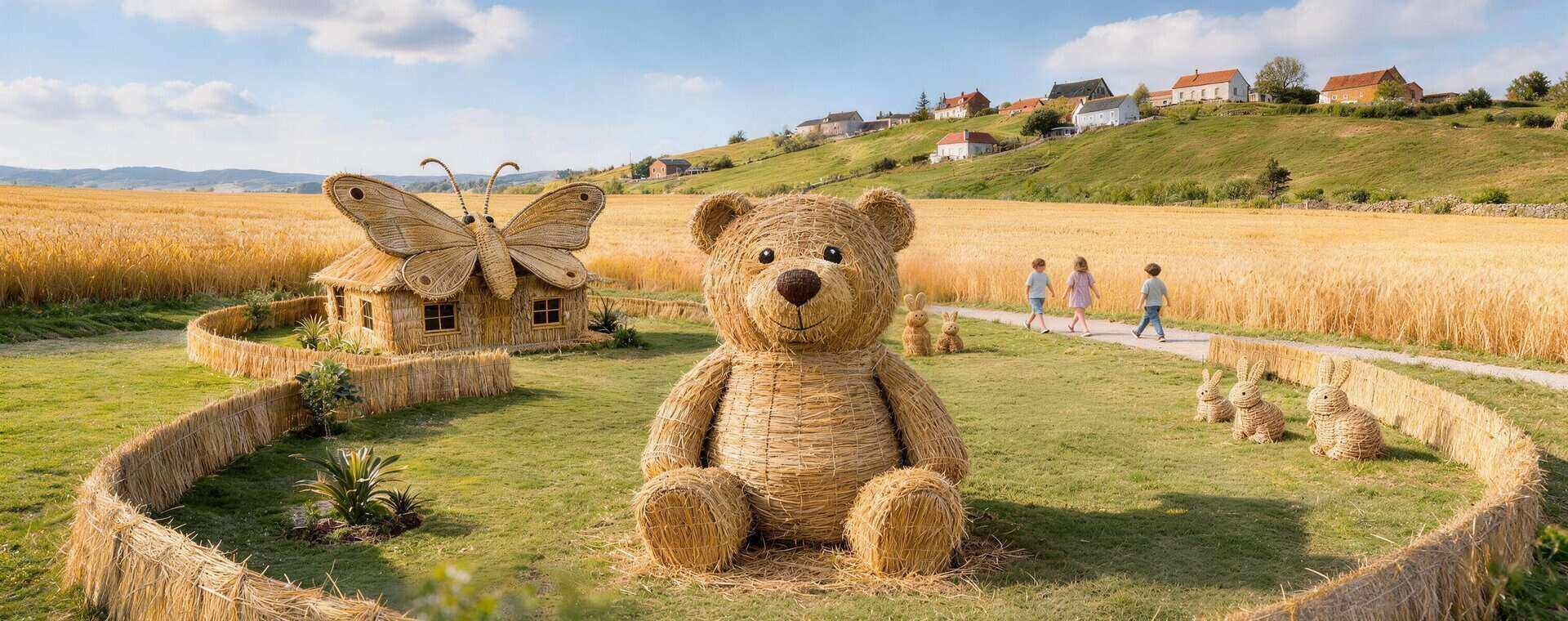 Large straw bear and butterfly sculpture for park landscape decoration
