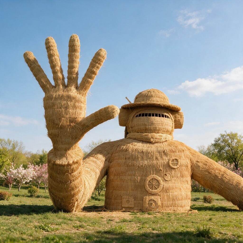 Straw robot sculpture for garden decoration